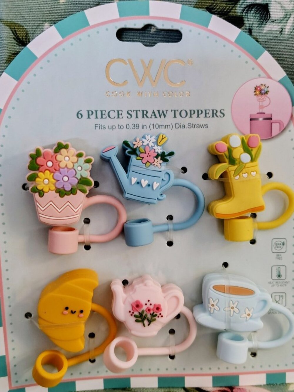 NWT Cook With Color Silicone Straw Toppers Tea Party